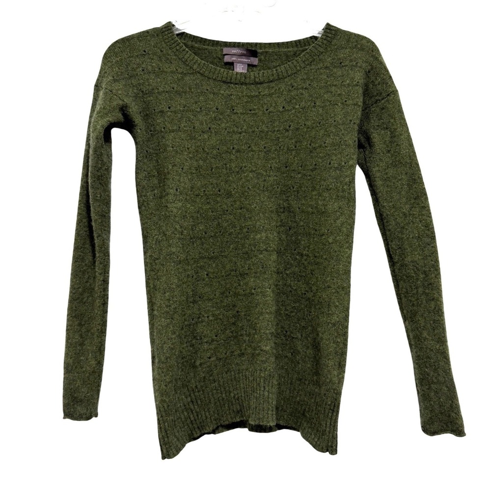 Saffron Womens 100% Cashmere Crew Neck Pointelle Sweater Olive Green Size S